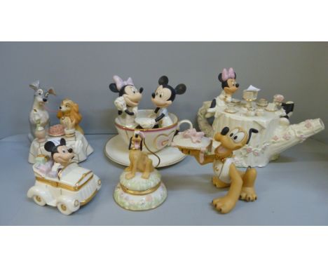 A collection of Disney ceramic figures and a Mickey and Minnie Mouse teapot, Mickey and Pluto a/f 