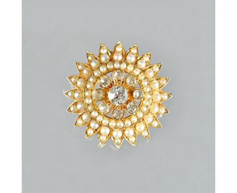 A Victorian gold, diamond and half pearl set pendant brooch, the central flowerhead shaped cluster mounted with a cushion sha