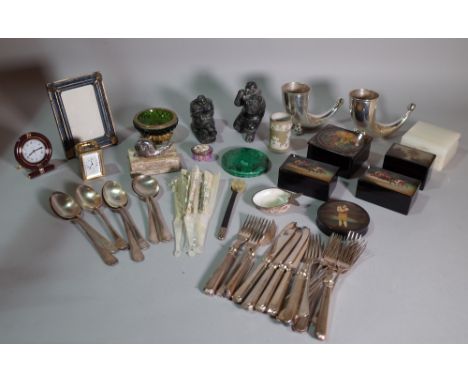 Collectables, including; a Carter travel clock, white metal model of a snail, Russian lacquer boxes, mother-of-pearl fan, sil