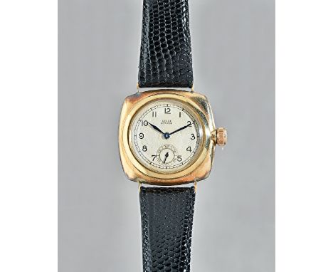 A Rolex 9ct gold cushion shape cased gentleman's wristwatch, the jewelled movement detailed Rolex 15 Rubies, gilt metal dust 