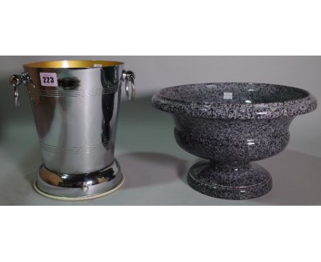 A 20th century silver plated wine cooler and mottled grey ceramic pedestal bowl. 