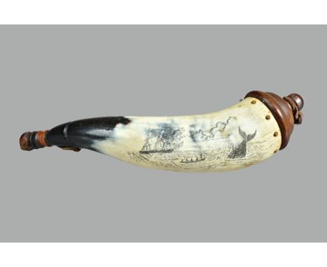 A mid-19th century scrimshaw cow horn powder flask, detailed in black ink with a whale hunting scene and with turned  wooden 