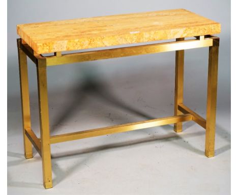 A 20th century console, the thick rectangular marble top on lacquered brass square supports, 99cm wide x 77cm high. 