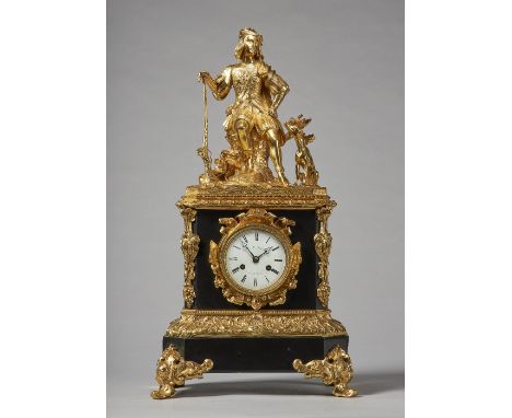 A French giltmetal and black marble mantel clockCirca 1860Modelled with a seated figure of a hunter on a rocky outcrop, holdi