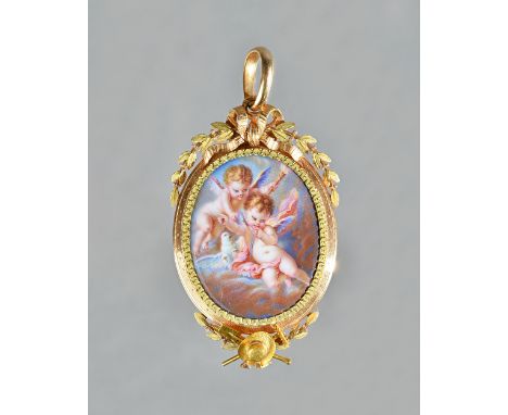 A French 19th century two colour gold and enamelled oval pendant locket, circa 1870, the front decorated with two cherubs and