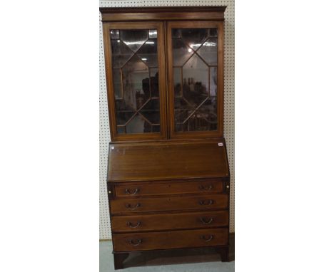 An Edwardian mahogany bureau bookcase with astragal glazed doors over four long graduated drawers on bracket feet, 89cm wide 