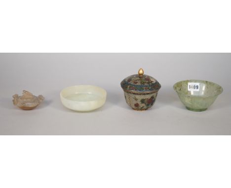 A modern Chinese spinach jade bowl raised on a small foot, 12.6cm diameter, a modern Chinese circular bowl of shallow form, 1