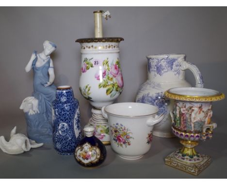 Ceramics, a group of 19th century and later decorated ceramics, including; a continental urn decorated with figures, blue and