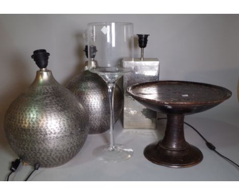 A pair of 20th century silvered metal table lamps of ovoid form, 33cm high, another rectangular table lamp, 31cm high, a larg