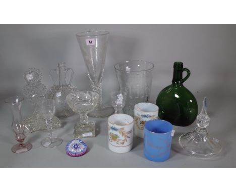 A group of glassware, 19th/20th century, to include a tall `jacobite' type engraved goblet, a Dutch engraved flask, a green g