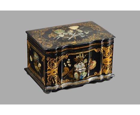 A Regency mother-of-pearl painted parcel gilt papier mâché tea caddy, the shaped rectangular top enclosing a twin lidded inte