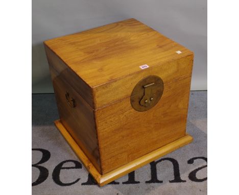 A 20th century camphor wood lift top trunk, 46cm wide x 46cm high. 
