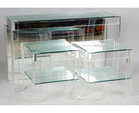 A modern clear perspex and glass rectangular console table, 123cm wide x 77cm high, together with two matching square lamp ta