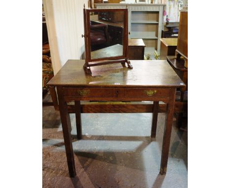 A mid-18th century mahogany single drawer side table on square supports, 86cm wide x 78cm high and a small toilet mirror, 33c