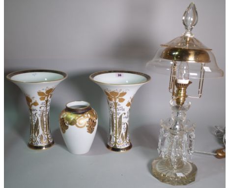 Handgemalt, Classic Rose, a pair of porcelain vases, with gilt decoration, 22cm wide x 28cm high, a smaller matching vase, 19