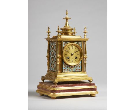 A French gilt brass and cloisonné enamel mantel clockBy Henry Marc, Paris, Circa 1870The rectangular case with five turned fi