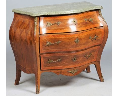 An 18th century style Swedish commode, the serpentine marble top over a gilt-metal mounted kingwood and fruitwood bombe three