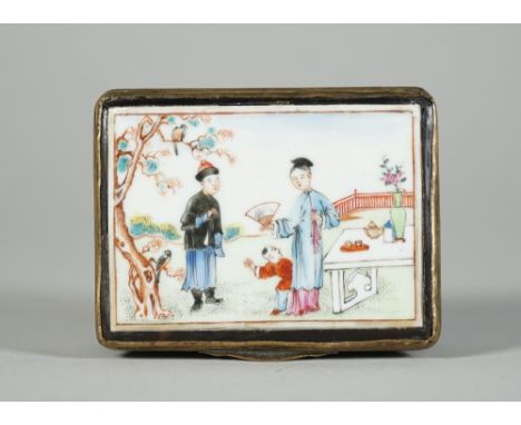 A Chinese tortoiseshell and porcelain rectangular snuff box, Qianlong, the gilt-metal hinged cover inset with a porcelain pla