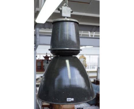 Four industrial light fitments, mid/late 20th century, grey enamelled sheet metal of sectional circular tapering form, 70cm h