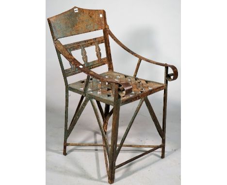 A 20th century wrought-metal open armchair with lattice seat, 51cm wide x 93cm high. 