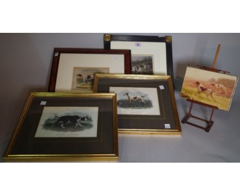A group of four 20th century reproduction prints of pointers and an oil depicting a pointer, (5). 