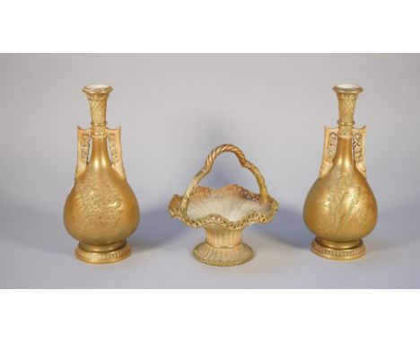 A pair of Royal Worcester two-handled vases, circa 1900, of Persian inspiration, each elongated pear shaped body moulded with