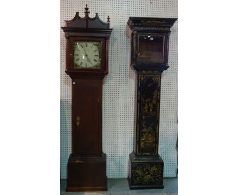 An 18th century chinoiserie decorated longcase clock case and a 19th century mahogany longcase clock case (no movements). 