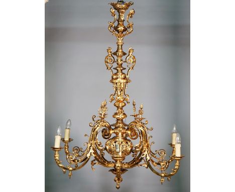 An ormolu six branch chandelier, Louis XVI style, foliate cast form, 116cm high. 