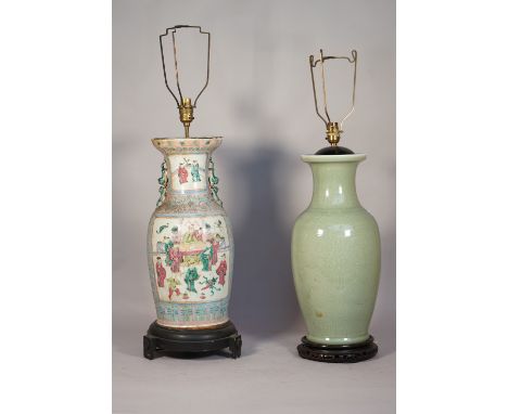 A modern Chinese celadon vase table lamp on a wooden base and a Chinese famille rose vase table lamp on an ebonised wooden ba