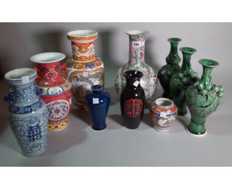 A quantity of mostly 20th century Asian ceramic vases of various styles and forms, the largest 30cm high, (qty). 