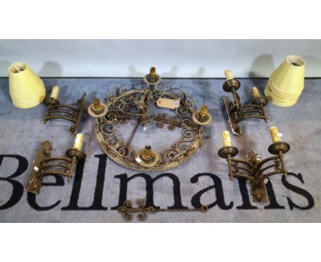 A 20th century wrought iron chandelier and four matching wall lights, (5). 