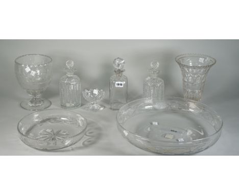 A group of glassware, early 19th century and later, comprising; a pair of cut glass spirit decanters and stoppers, 22cm high;