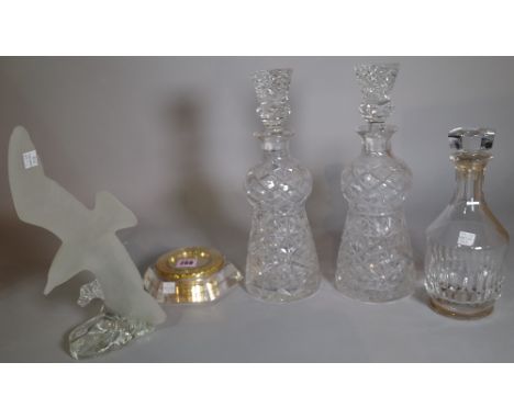 Glassware, including; a Luxor World desk clock by Garrard &amp; Co, a pair of decanters, another decanter and a frosted glass
