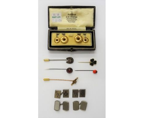 A set of four dress studs detailed 9ct, weight 3.3 gms, cased, a pair of cufflinks with engine turned decoration detailed sil