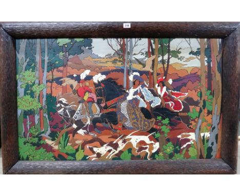 J. Salmon (20th century), Medieval hunting scene, oil on engraved wood panel, 58cm x 99cm.