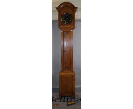 A 20th century oak longcase clock with black painted dial, 43cm wide x 230cm high, 1 x pendulum &amp; 1 x weight. 