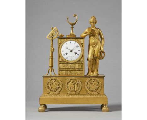 An Empire ormolu mantel clockSigned Le Roy, ParisModelled with a standing female figure reading, a wreath in her hand, surmou