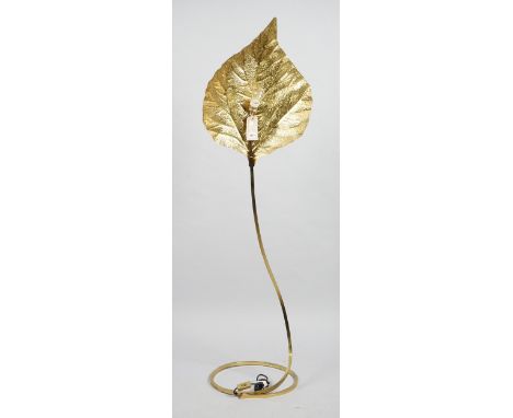 A Tomasso Barbi brass single leaf Italian floor lamp, circa 1970s, with embossed leaf shade on a coiled base, 175cm high.