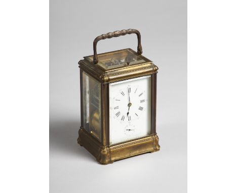A French brass Gorge cased Grande Sonnerie carriage clock with alarmBy Henri Jacot, Paris, No. 5390, circa 1885The case with 