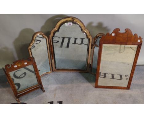 An Art Deco triptych mirror with bevelled edge 41cm wide x 65cm high, a George II mahogany swing frame mirror and a George II