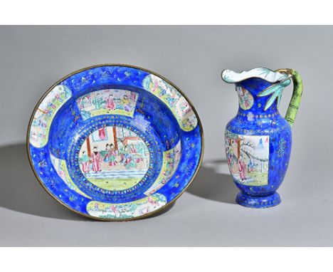 A Canton enamel jug and basin, late 18th/early 19th century,each painted with figurative panels on a rich blue ground scatter