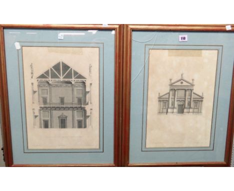 After Inigo Jones, Six architectural designs, engravings, various sizes, together with a further engraving with hand colourin