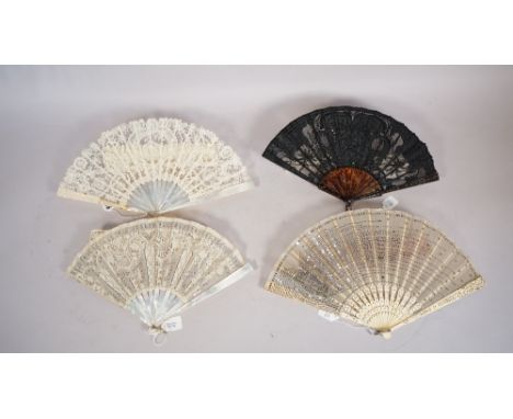 J. Duvelleroy, a French lace and mother-of-pearl fan, circa 1900, 22cm, cased, another Duvelleroy black lace and faux tortois