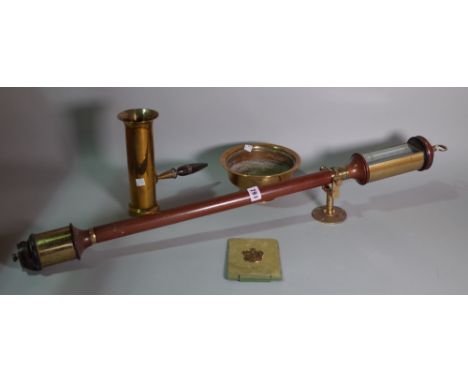 A 20th century mahogany and brass mounted gimble stick barometer and a small group of brass, (qty). 