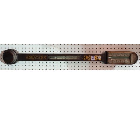 A late 18th century mahogany and brass inlaid stick barometer, (a.f.). 