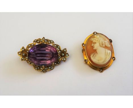 A 9ct gold, amethyst and seed pearl set brooch, claw set with the oval cut amethyst to the centre, within a seed pearl set su