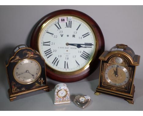 Collectables,including; a 20th century Chinese decorated small mantel clock, another similar and three further clocks, (5).  