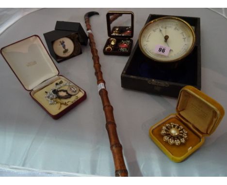 Collectables, including; a 19th century cased travelling barometer, small quantity of costume jewellery and a bamboo cane wit