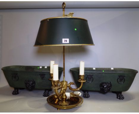 A Georgian style Bouillette style brass table lamp with adjustable green painted circular tin shade, 62cm high and a pair of 