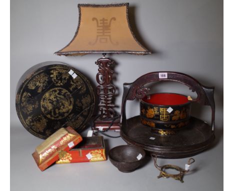 Asian interest; a gilt decorated lacquer circular box, a fret cut hardwood table lamp, a chinoiserie decorated box and sundry